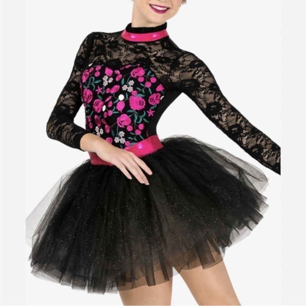 NWT Double Platinum Floral Black and Pink Dance Costume Leotard Style EL256 XS